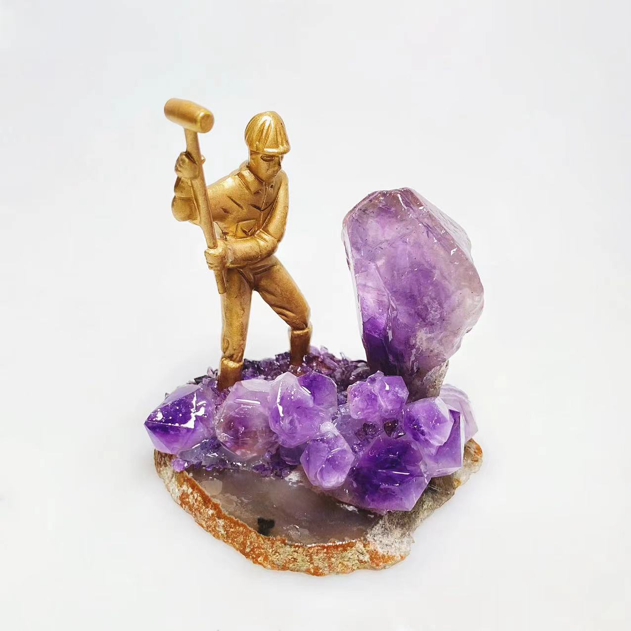 Miner with amethyst clusters freeform