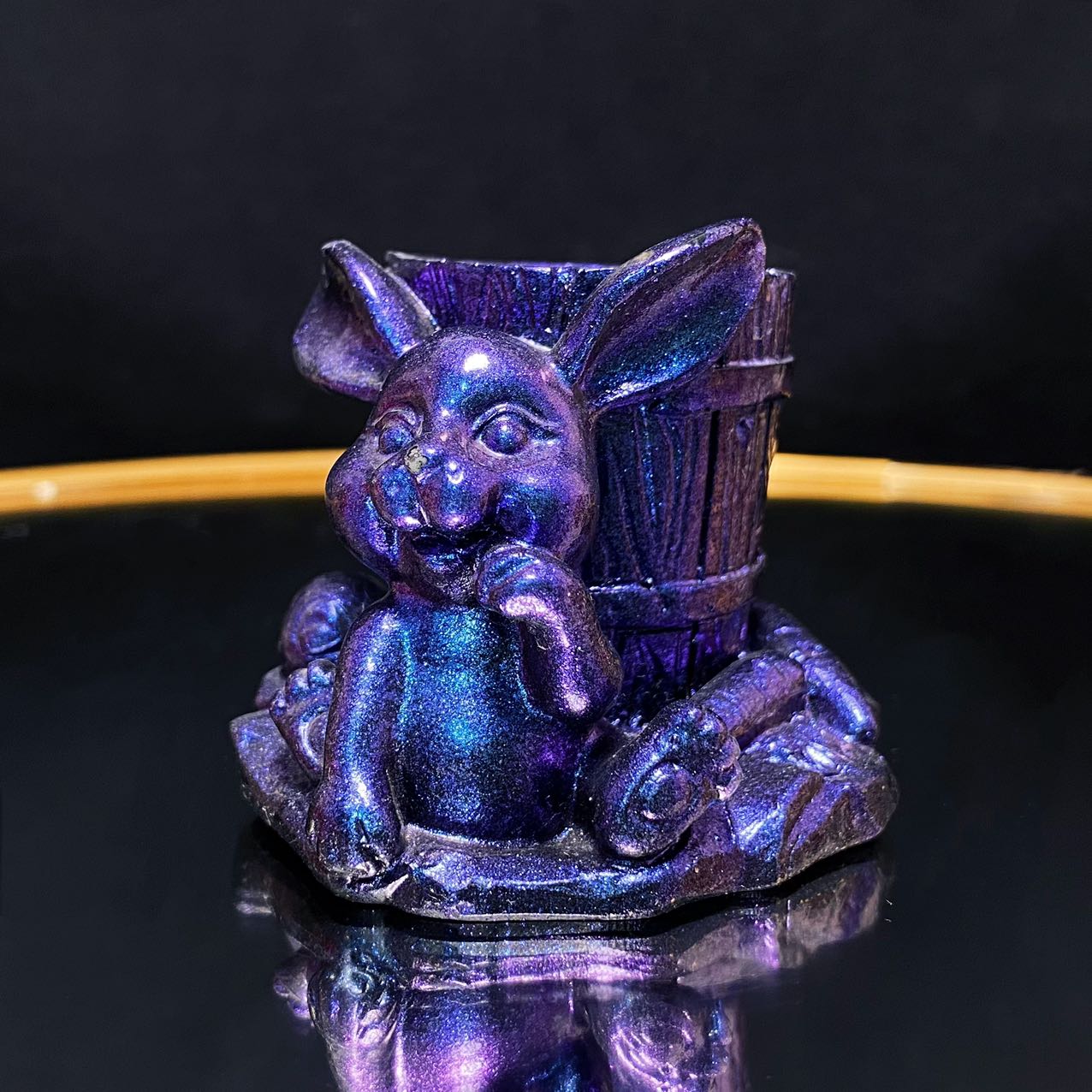 Resin bunny with wooden vat sphere stand