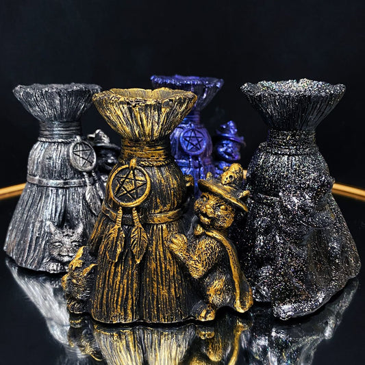 Resin broom with magic cat sphere stand