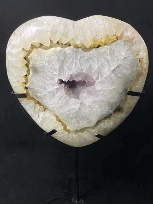 009-Geode agate amethyst heart with metal stand #7163