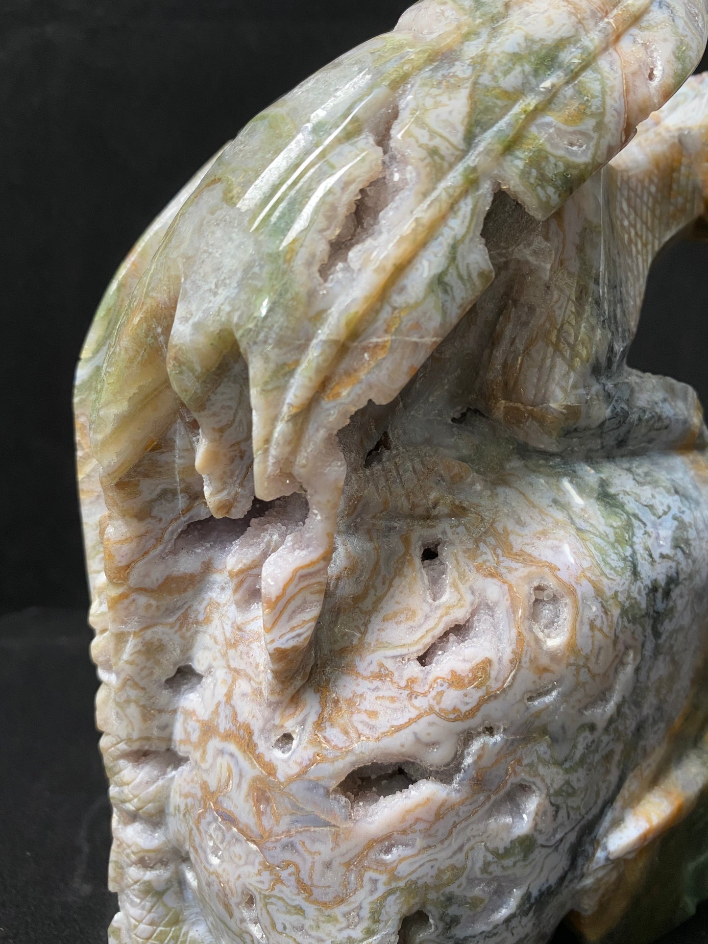 073-Geode moss agate flying dragon on skull #2830