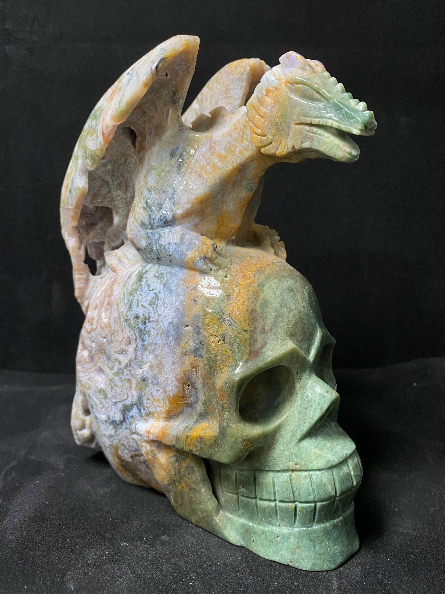 073-Geode moss agate flying dragon on skull #2830