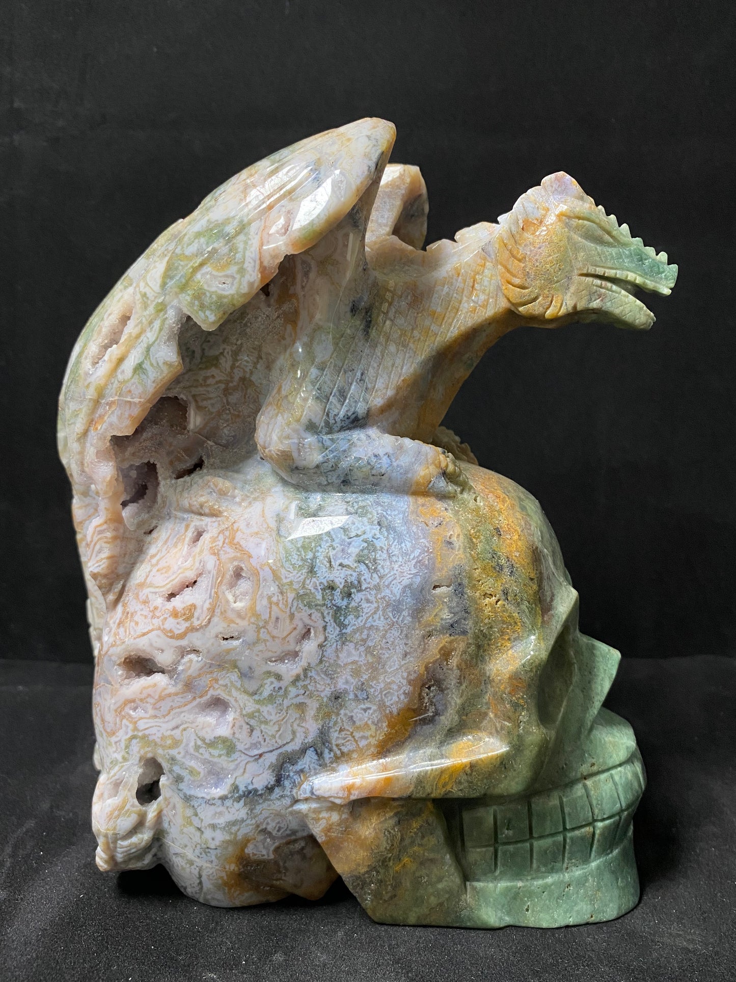073-Geode moss agate flying dragon on skull #2830