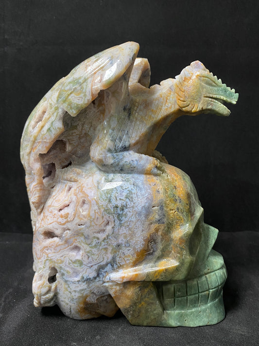 073-Geode moss agate flying dragon on skull #2830