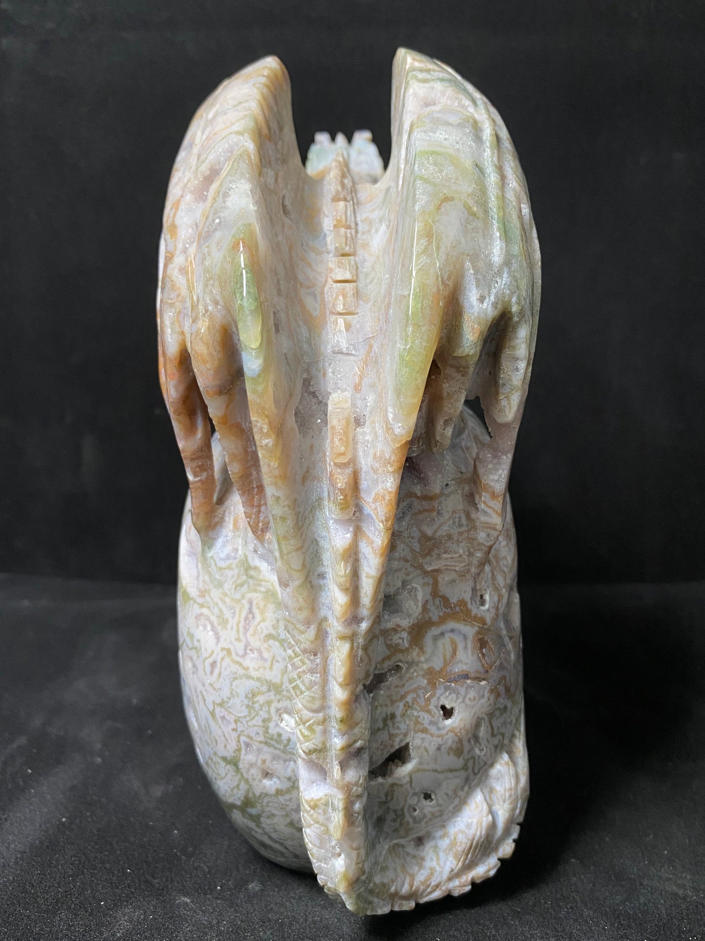 073-Geode moss agate flying dragon on skull #2830
