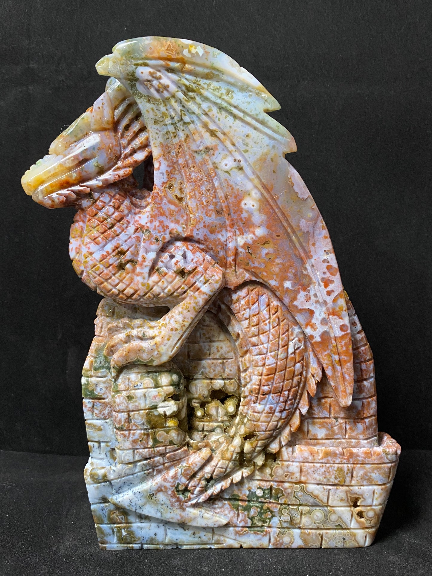 084-Ocean jasper with circles flying dragon on castle carving #1835