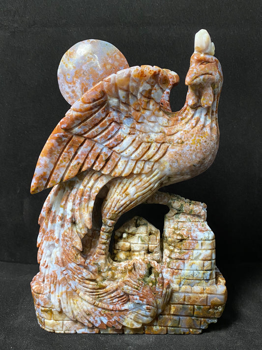 087-Ocean jasper with circles phoenix on castle carving #1531