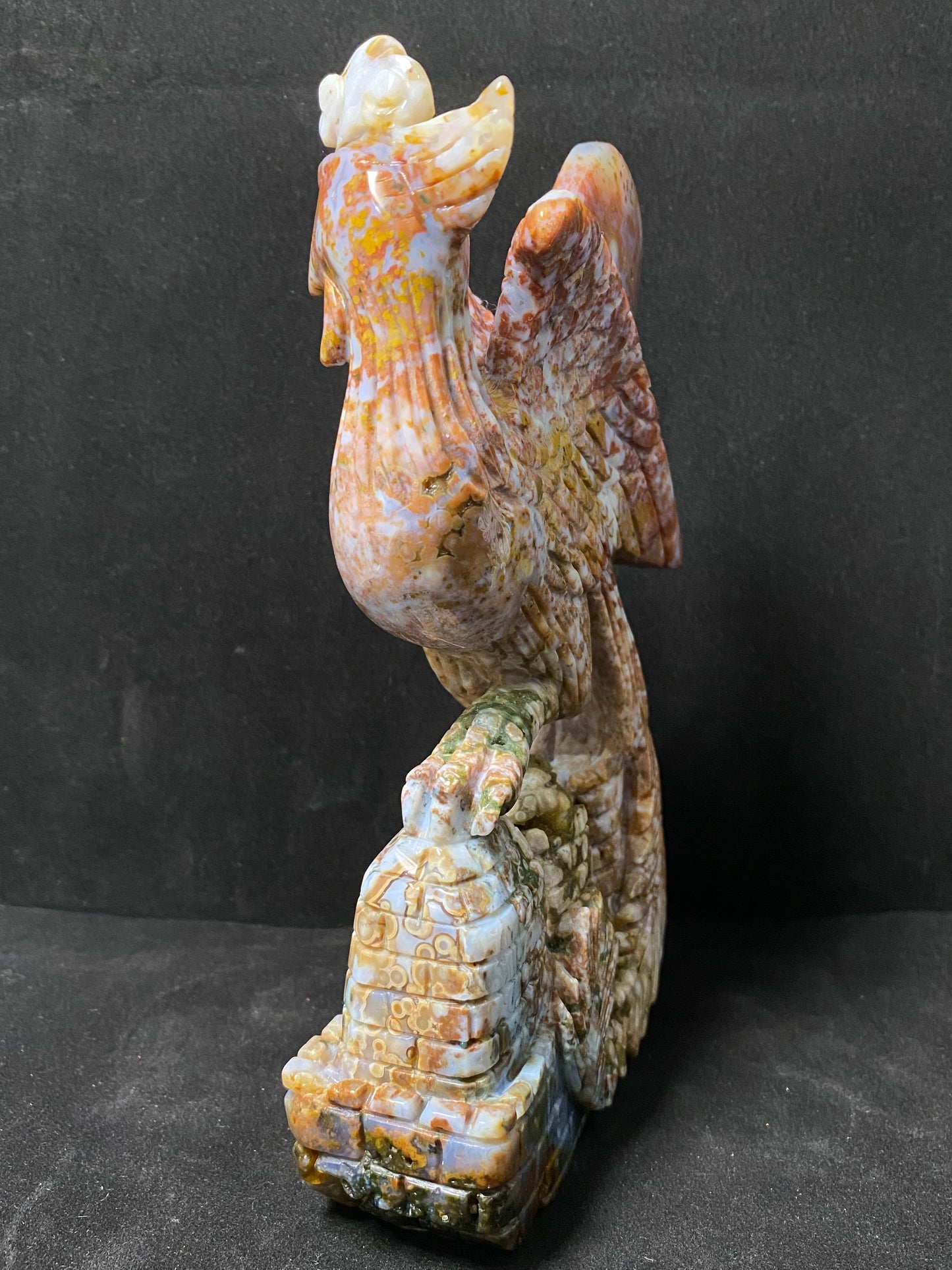087-Ocean jasper with circles phoenix on castle carving #1531