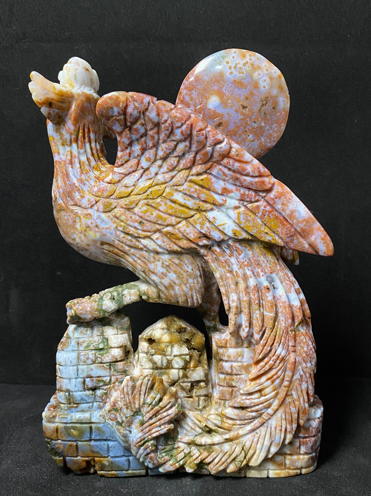 087-Ocean jasper with circles phoenix on castle carving #1531
