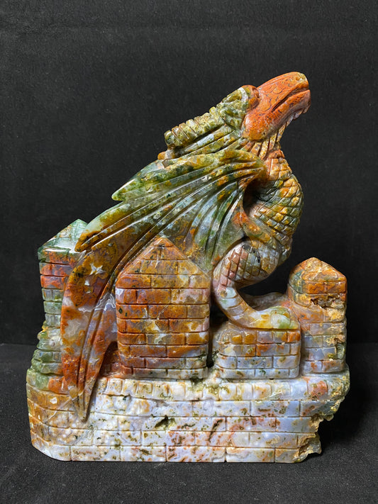 083-Ocean jasper with circles flying dragon on castle carving #1583