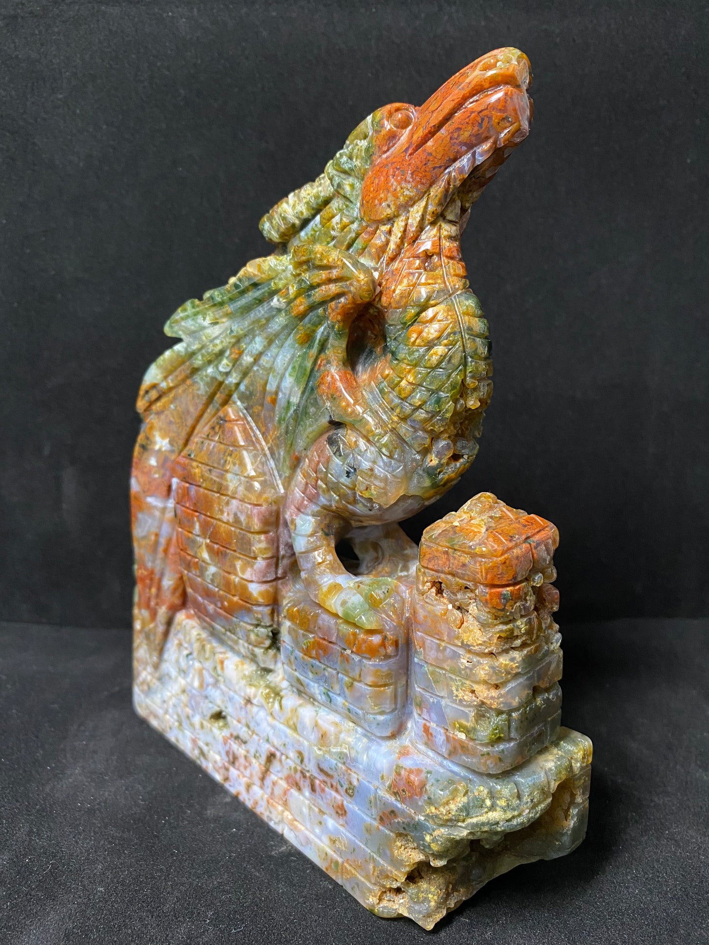 083-Ocean jasper with circles flying dragon on castle carving #1583