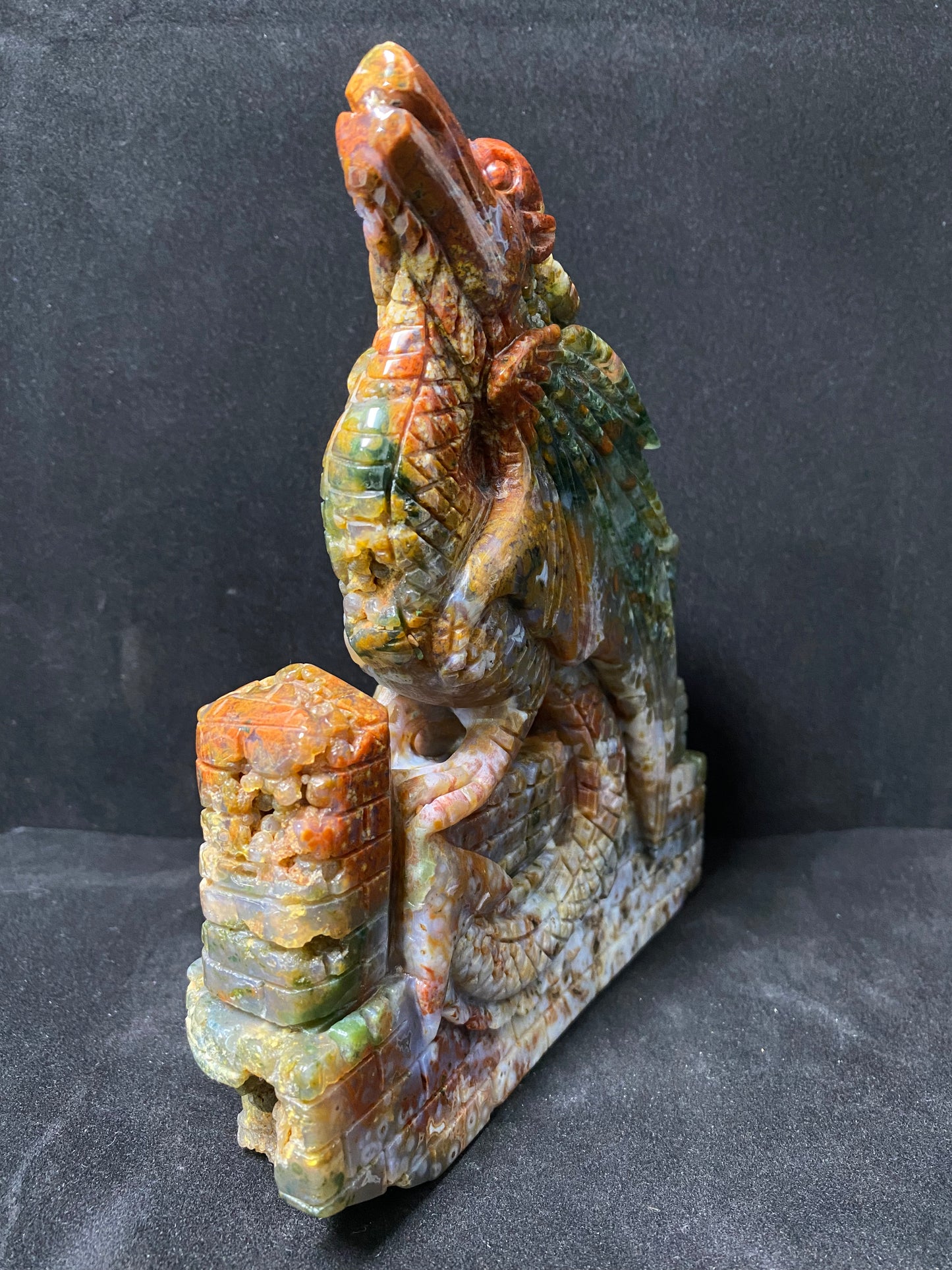083-Ocean jasper with circles flying dragon on castle carving #1583