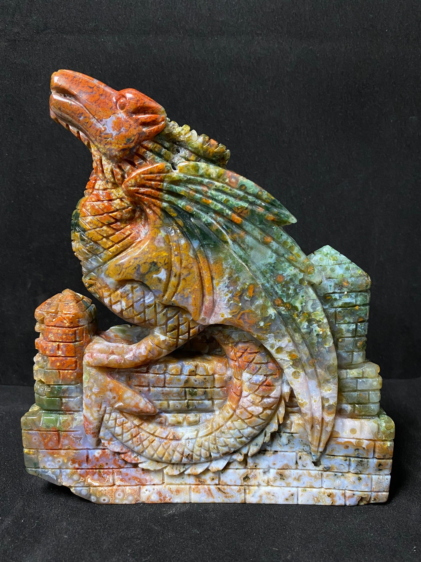 083-Ocean jasper with circles flying dragon on castle carving #1583