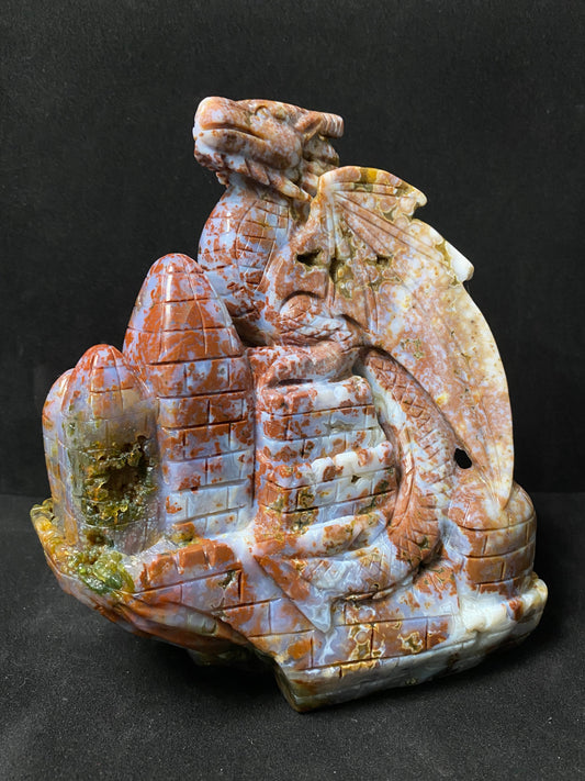 086-Ocean jasper with circles flying dragon on castle carving #2128