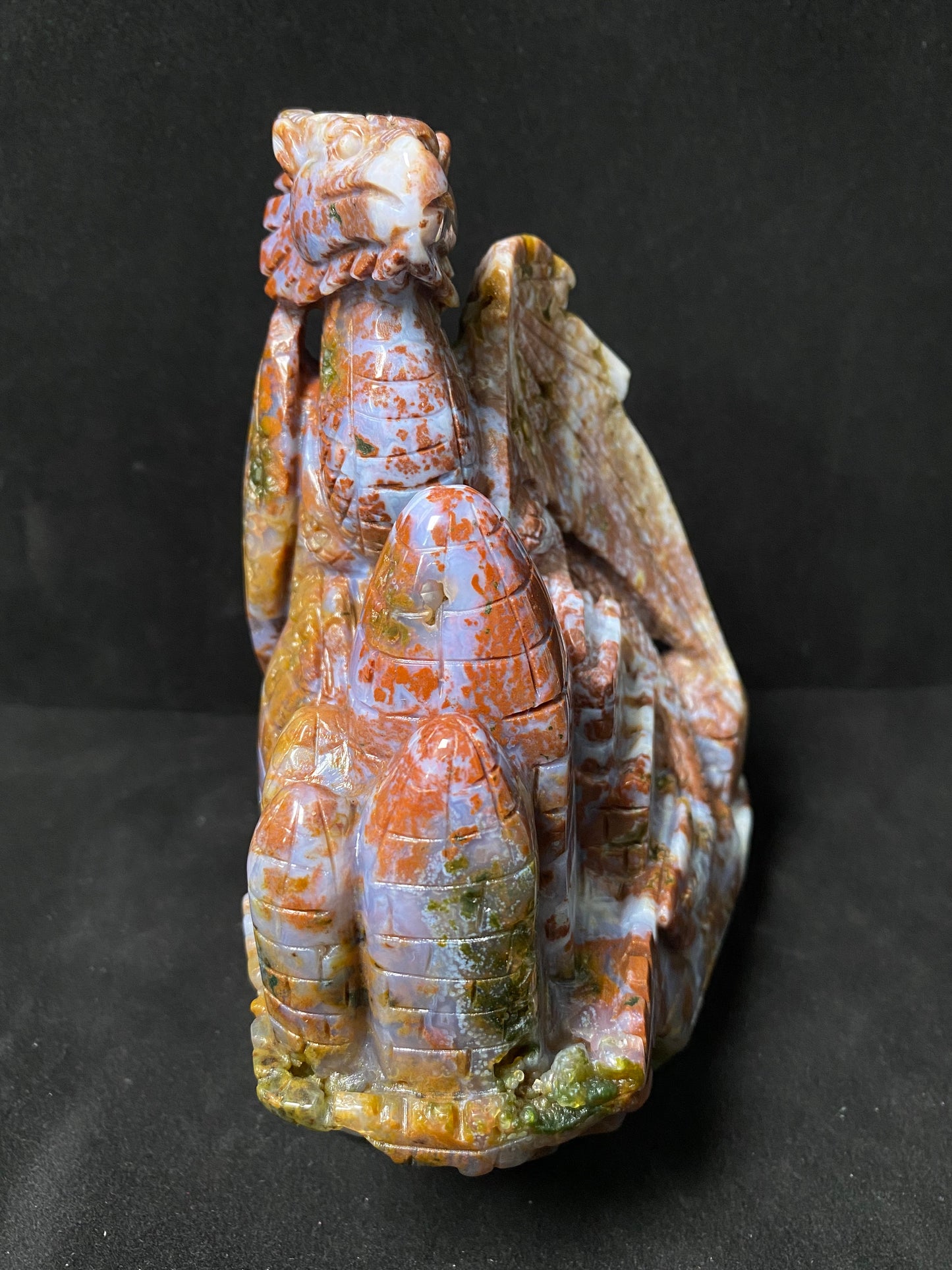 086-Ocean jasper with circles flying dragon on castle carving #2128
