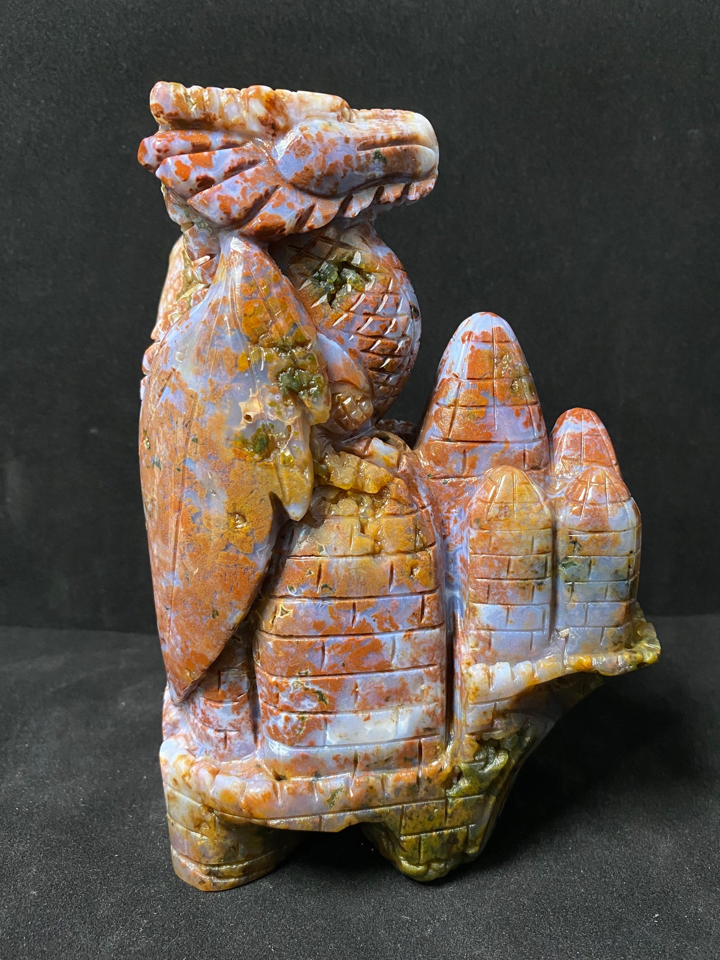 086-Ocean jasper with circles flying dragon on castle carving #2128