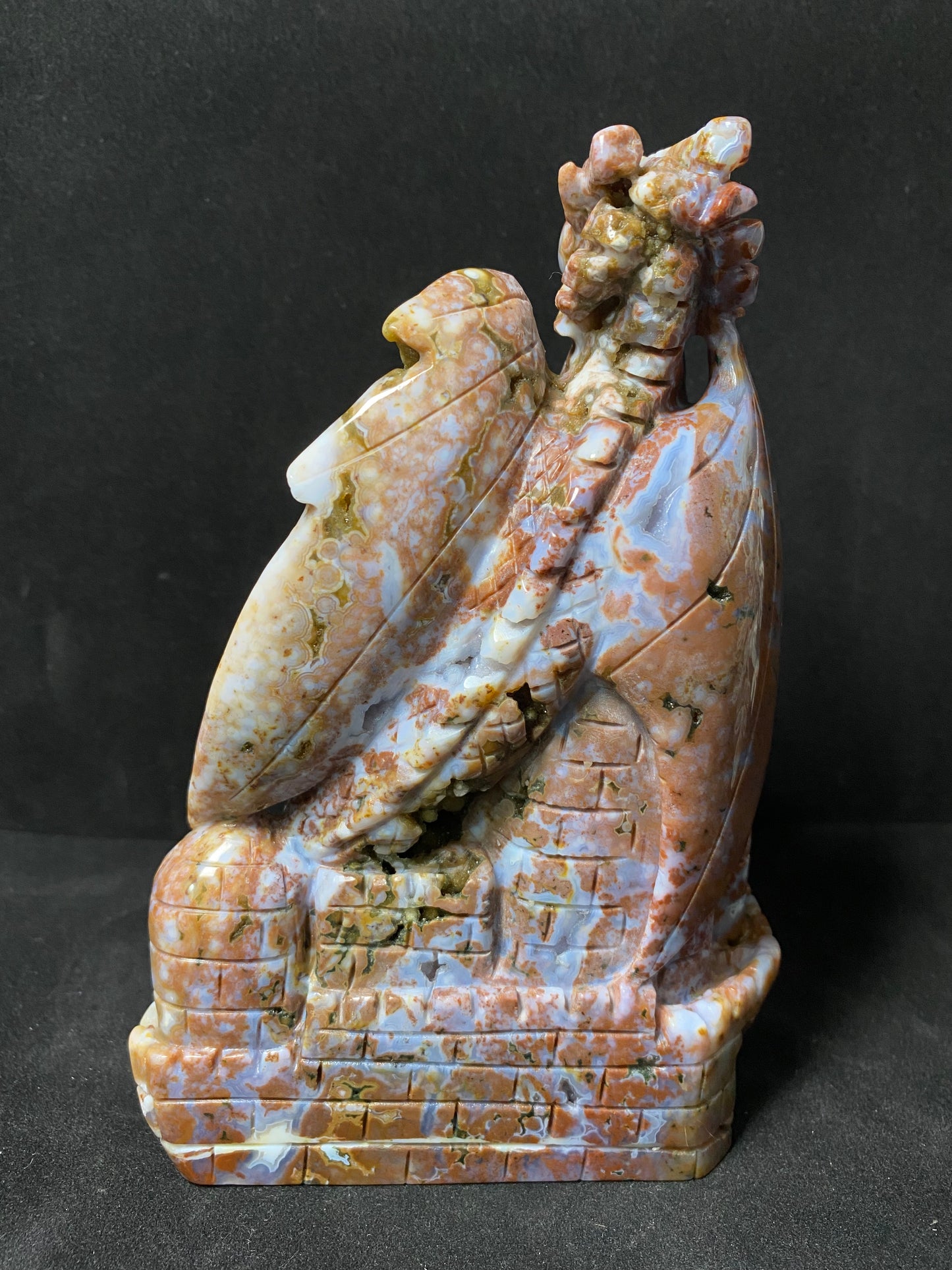 086-Ocean jasper with circles flying dragon on castle carving #2128