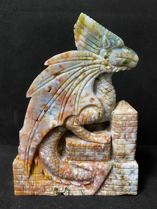 Ocean jasper with circles flying dragon on castle carving #1450