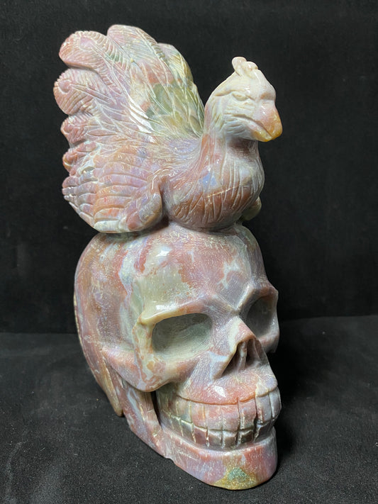 113-Ocean jasper peacock on skull carving #2611