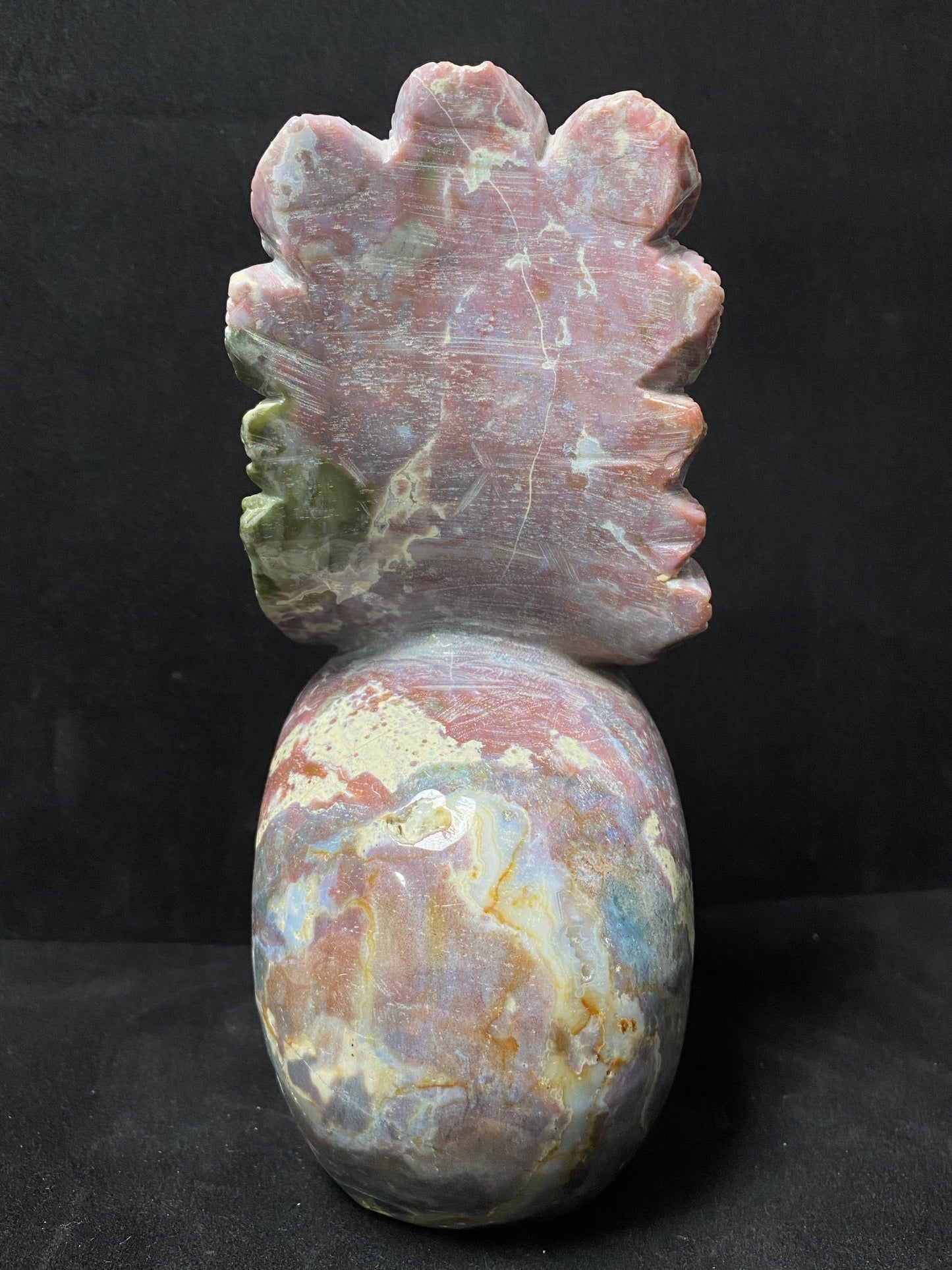 113-Ocean jasper peacock on skull carving #2611