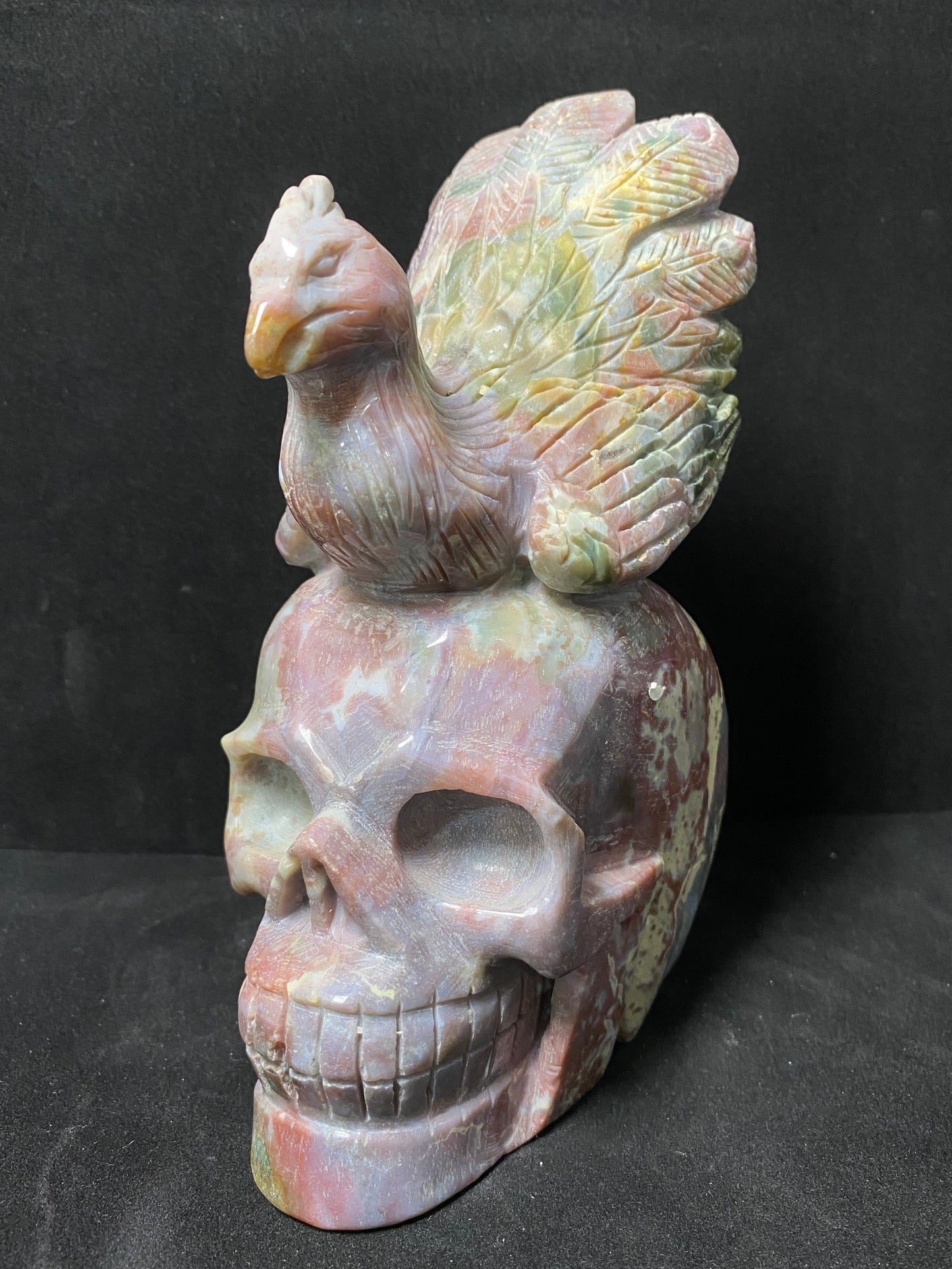 113-Ocean jasper peacock on skull carving #2611