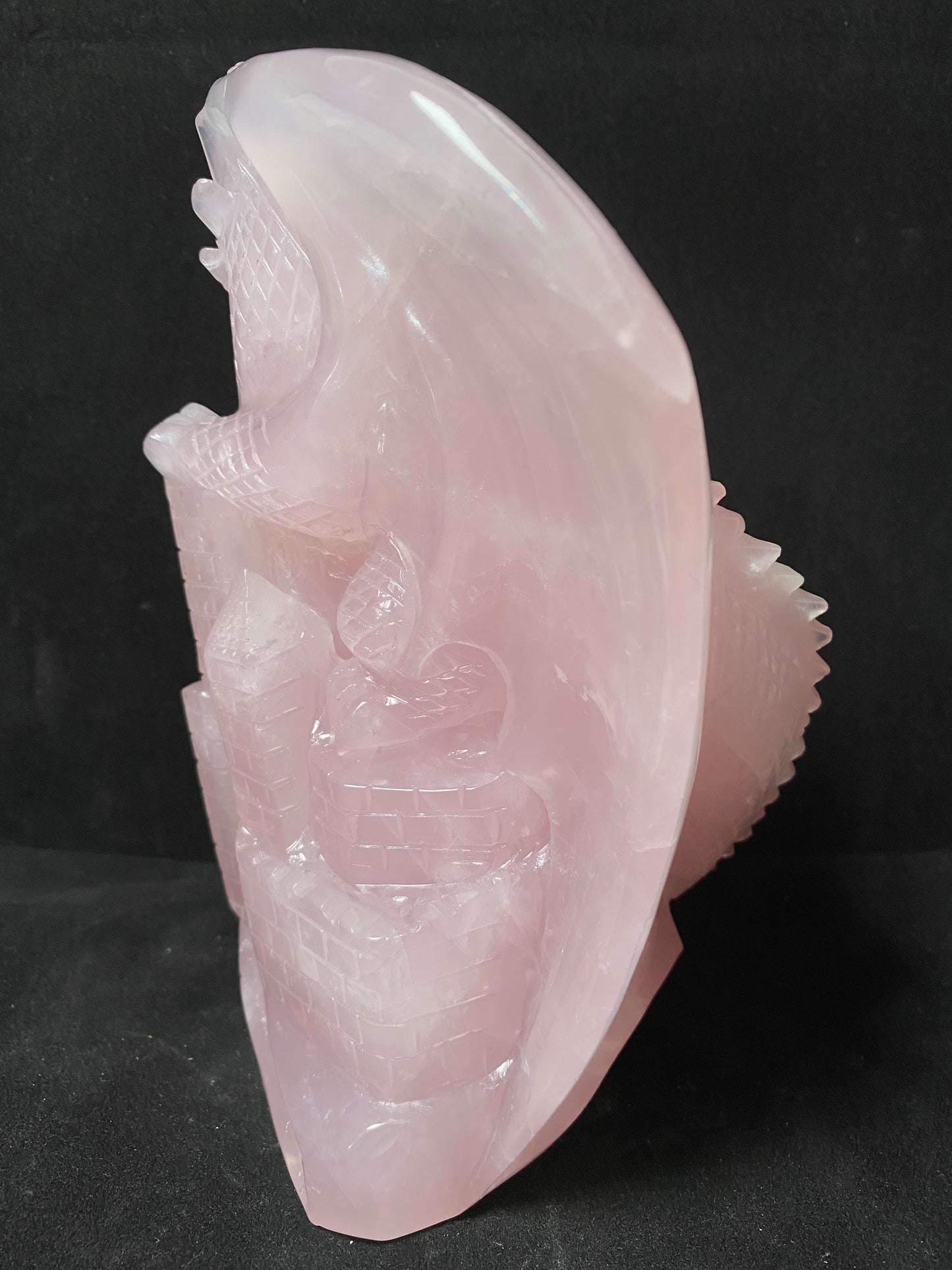037-Rose Quartz flying dragon on castle carving #3009