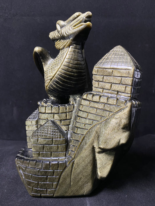 Golden sheen obsidian flying dragon on castle carving #2599