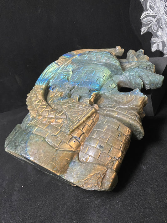 Labradorite flying dragon on castle carving #3949