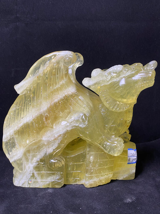 Citrine quartz flying dragon on castle carving #2847