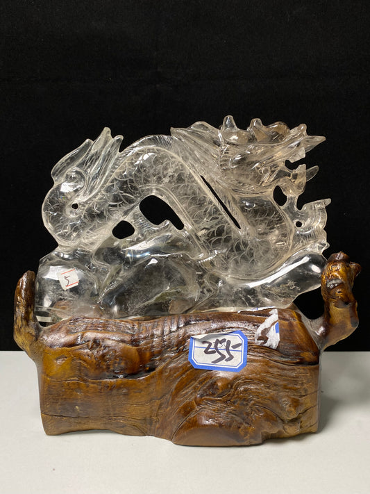 Garden quartz Chinese dragon on wooden stand#1285