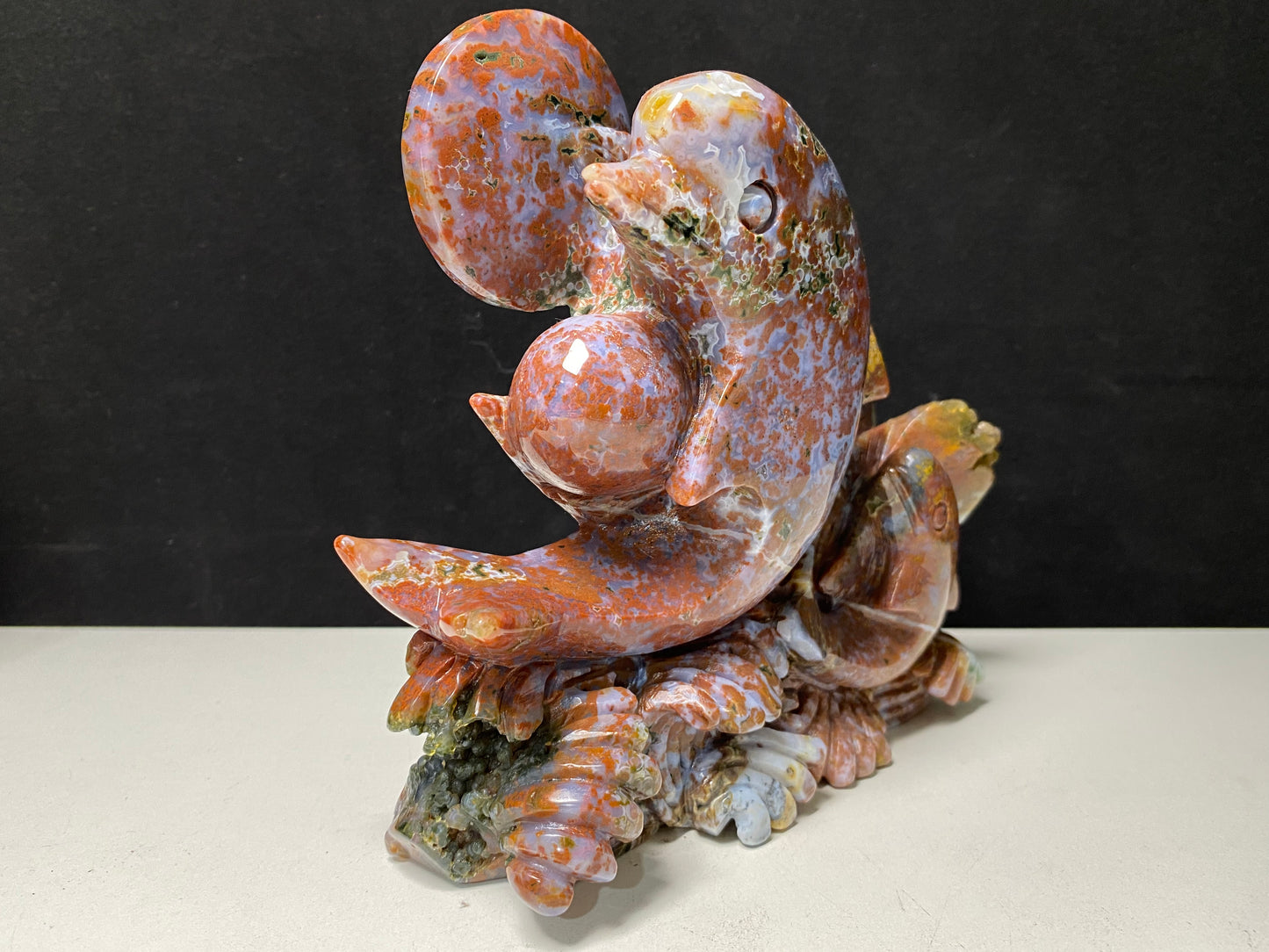080-Ocean jasper double dolphins carving #1590