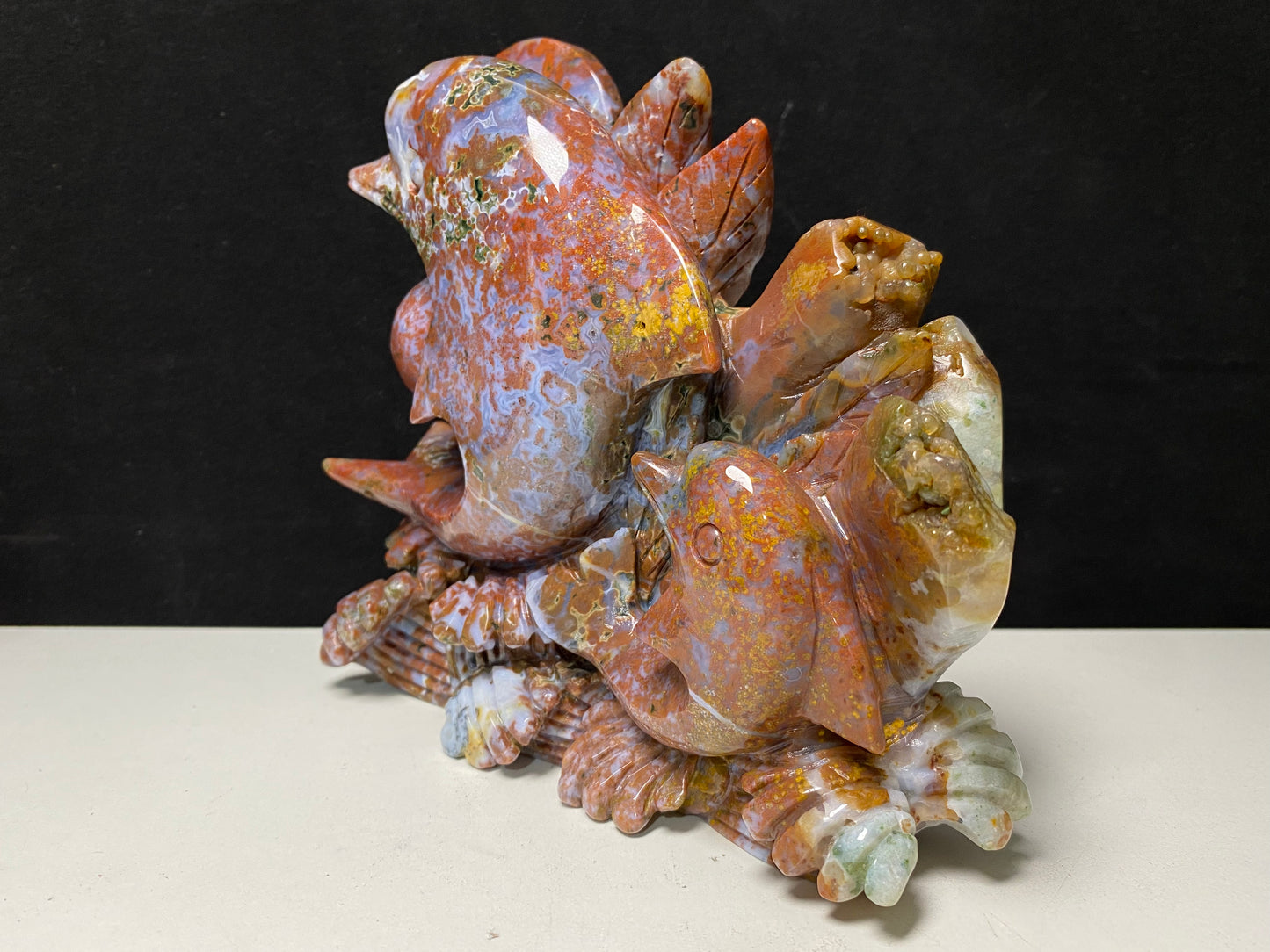 080-Ocean jasper double dolphins carving #1590