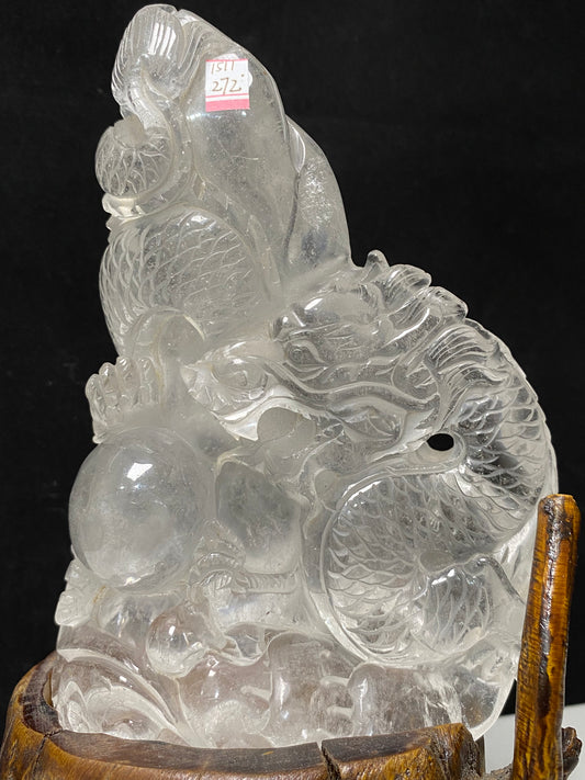 Clear quartz Chinese dragon with wooden stand#1070