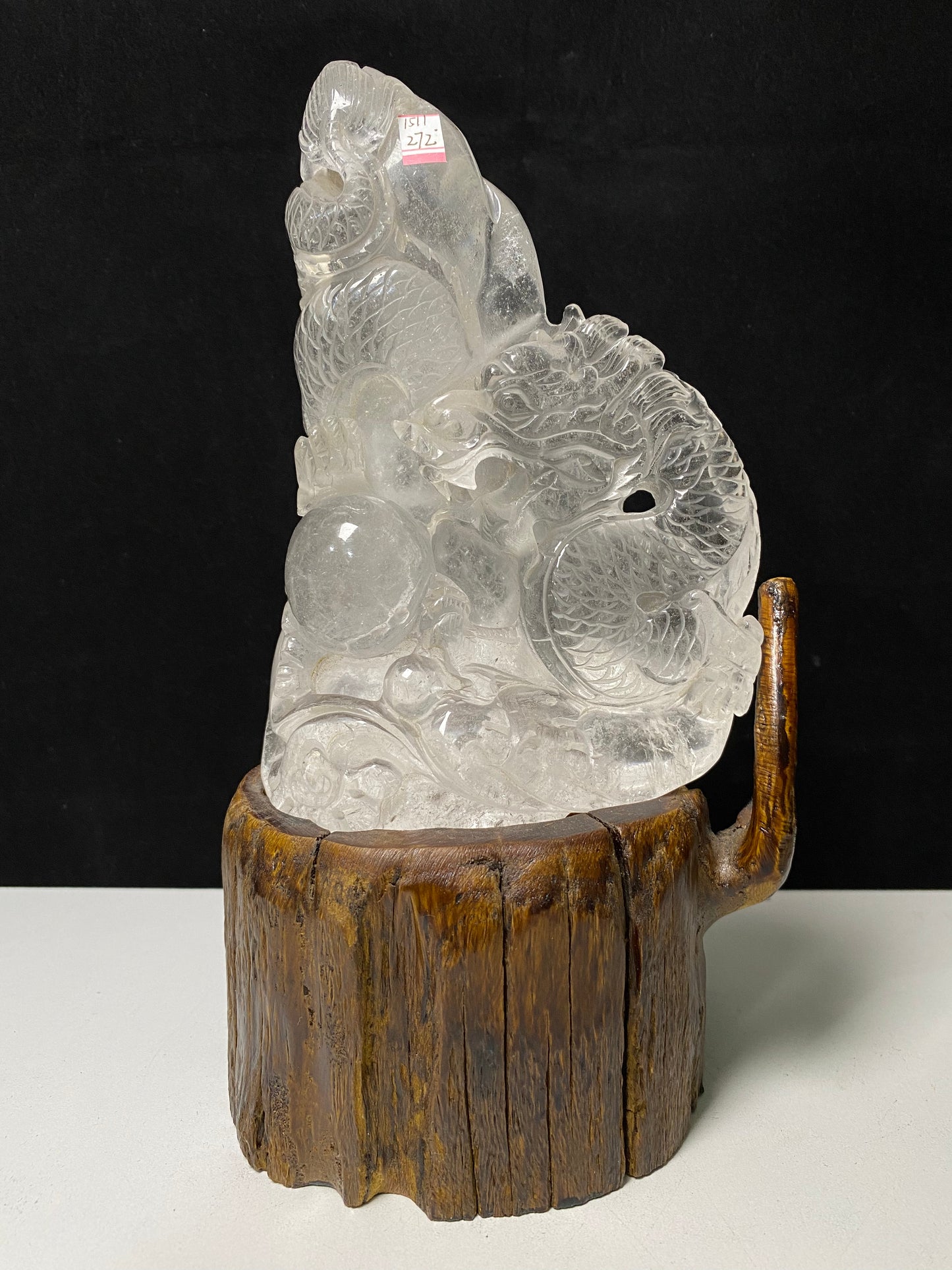 Clear quartz Chinese dragon with wooden stand#1070