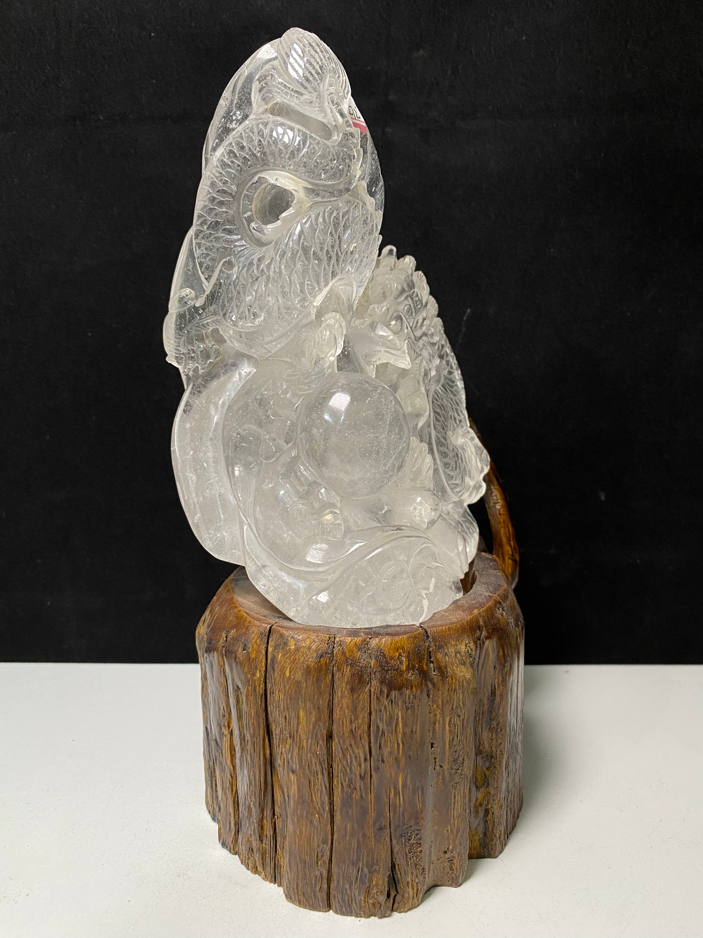 Clear quartz Chinese dragon with wooden stand#1070