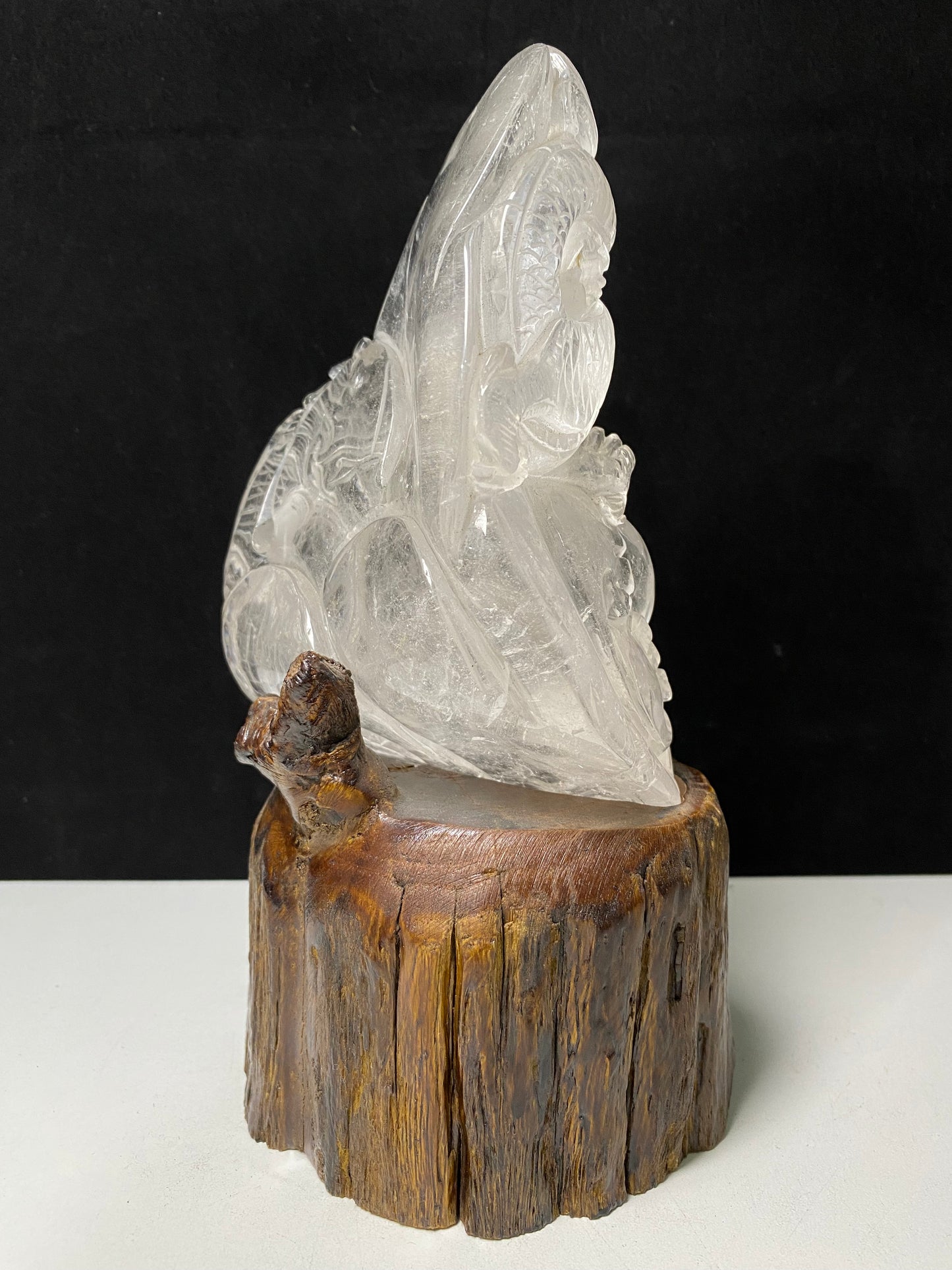 Clear quartz Chinese dragon with wooden stand#1070