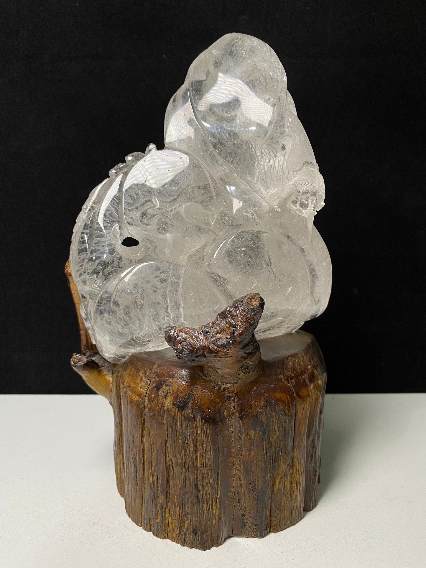 Clear quartz Chinese dragon with wooden stand#1070