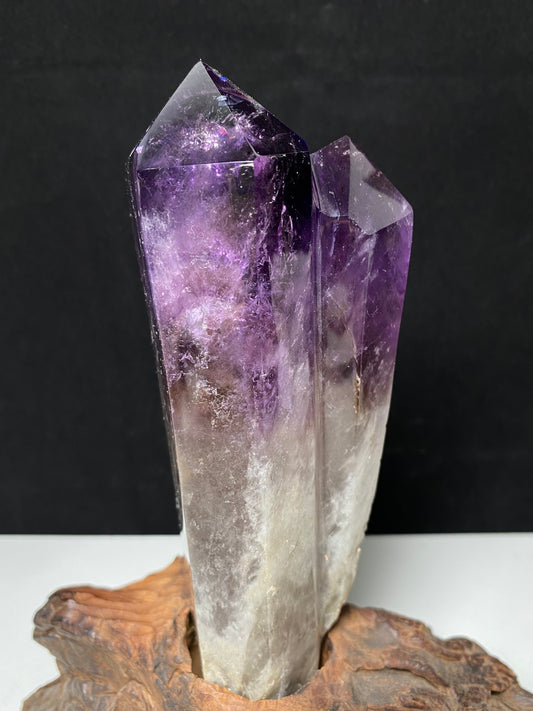 Amethyst double wand on wooden stand