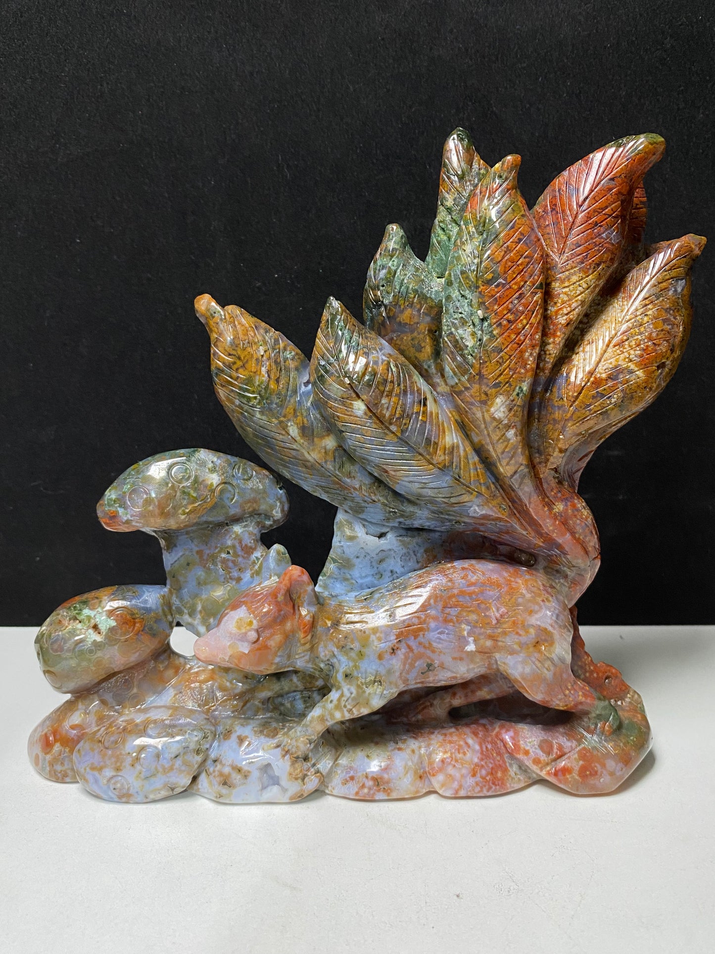 081-Colorful ocean jasper nine-tails fox carving #1088