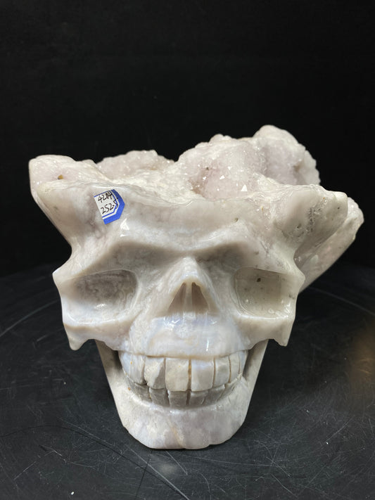 109-Pink amethyst clusters skull #4204