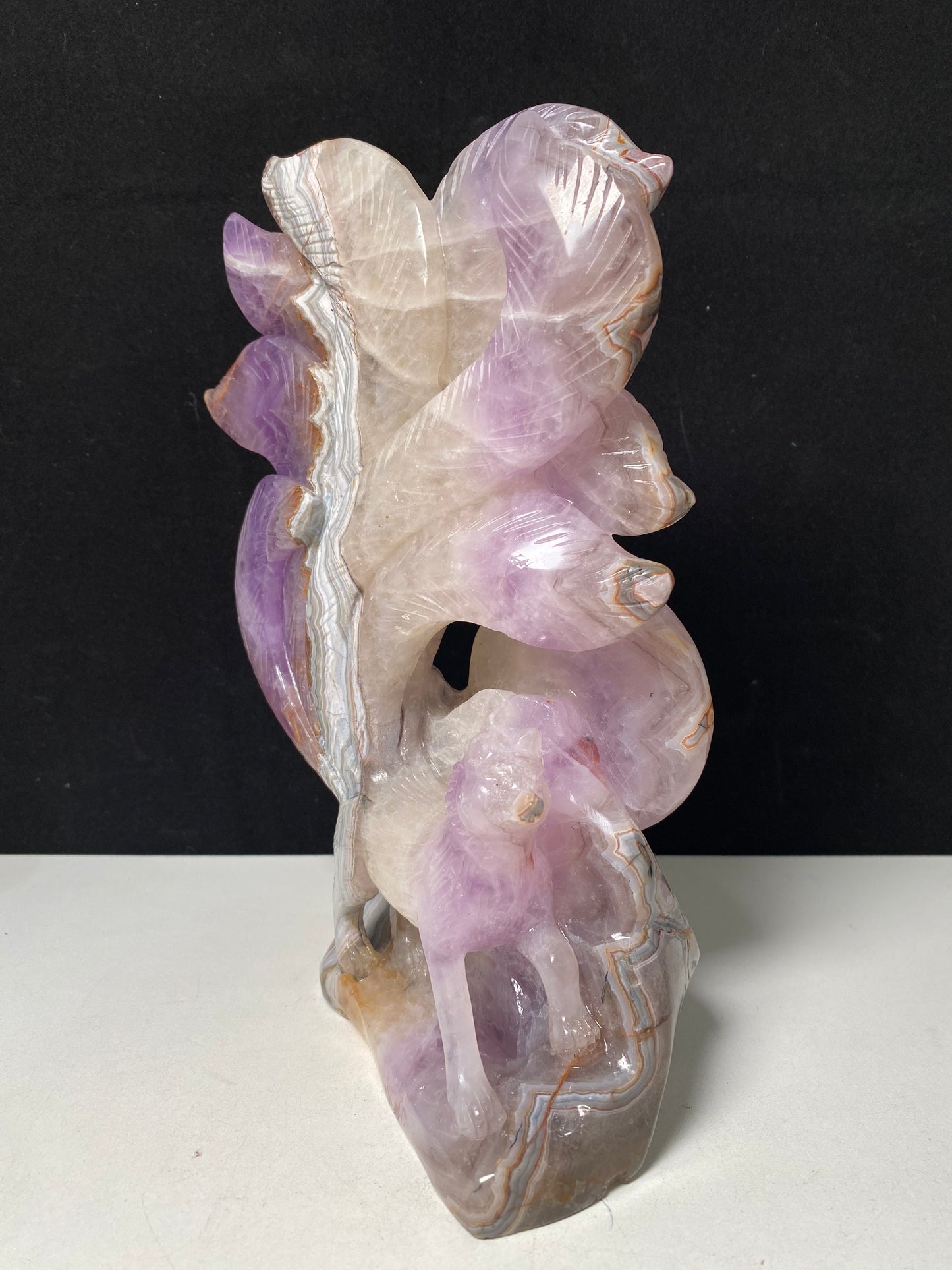 091-Banded amethyst agate ninetails fox carving #1790