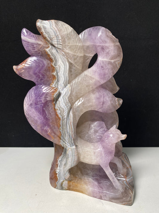 091-Banded amethyst agate ninetails fox carving #1790