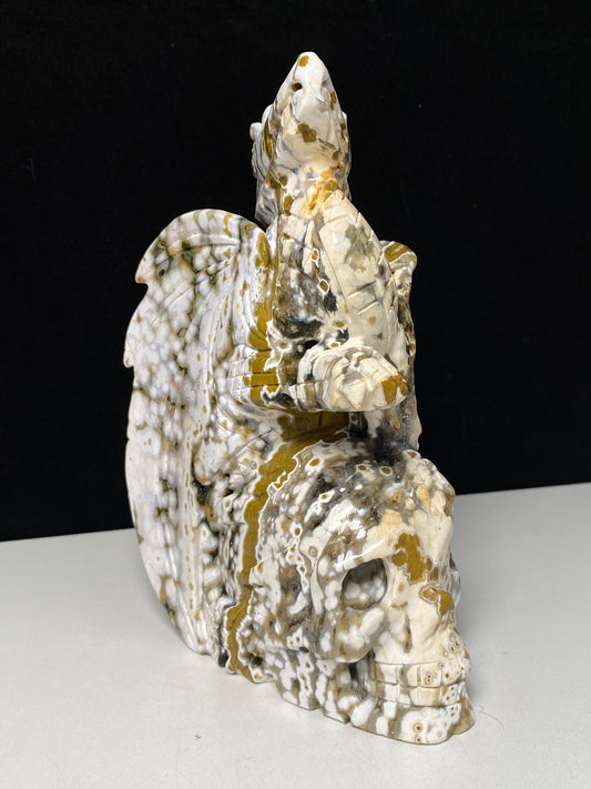 068-Ocean jasper with circles flying dragon on skull carving #1570