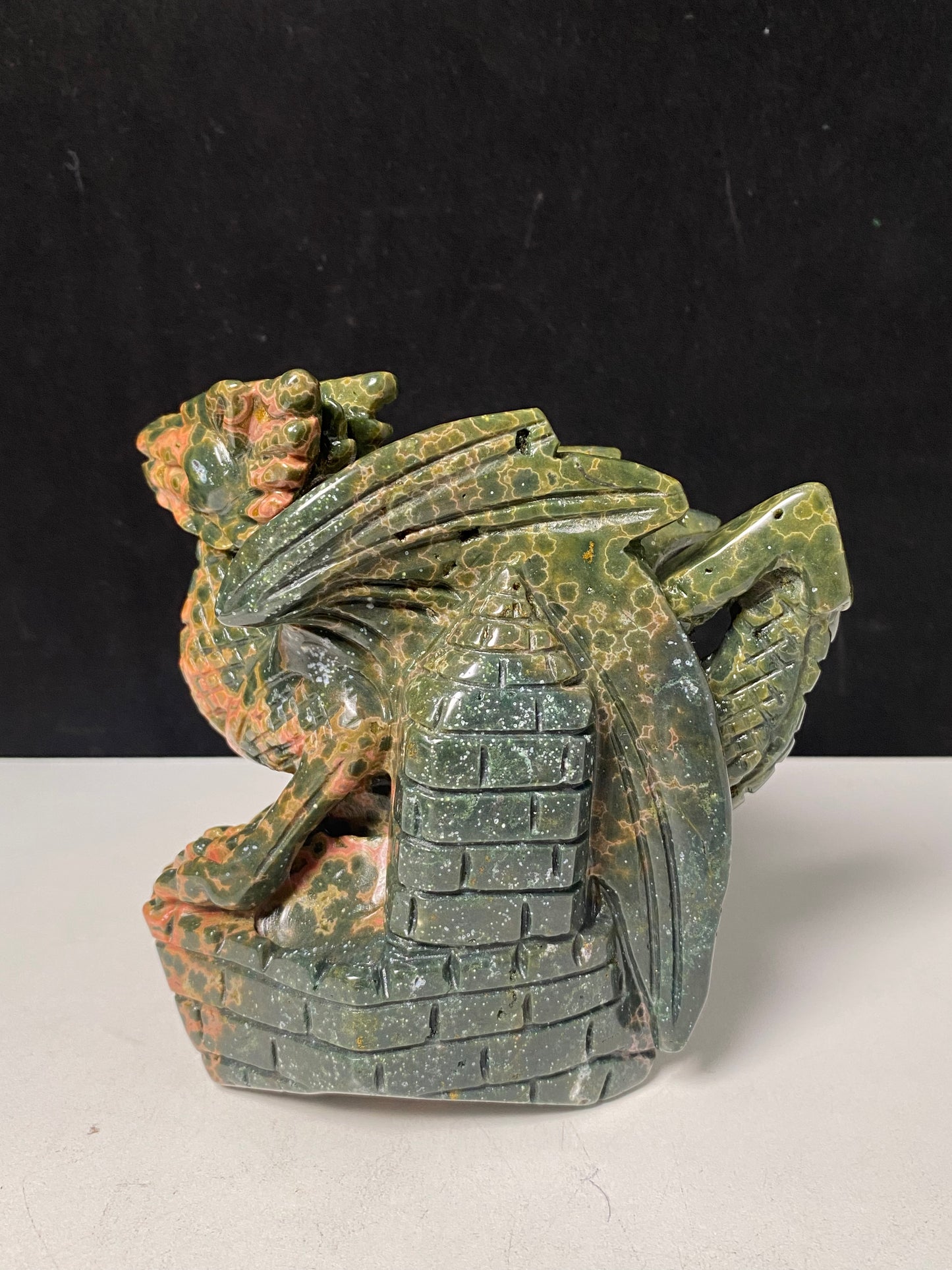 078-Ocean jasper flying dragon on castle carving #1074