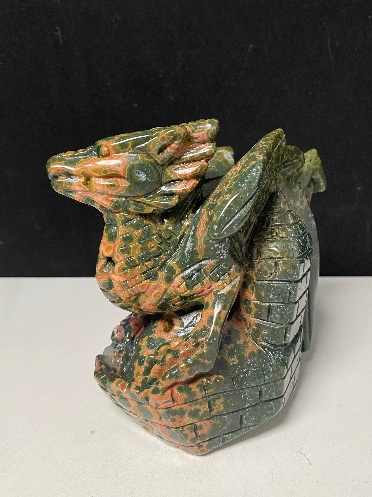 078-Ocean jasper flying dragon on castle carving #1074