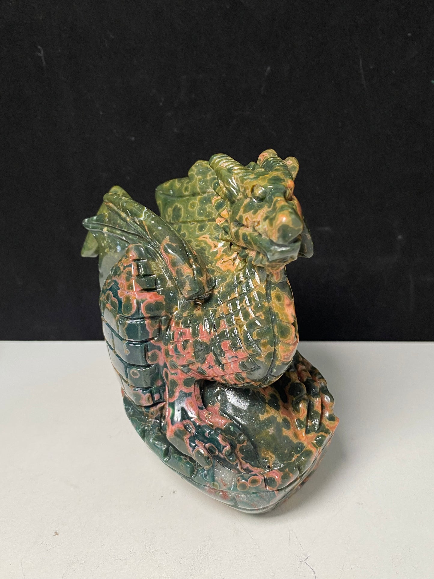 078-Ocean jasper flying dragon on castle carving #1074