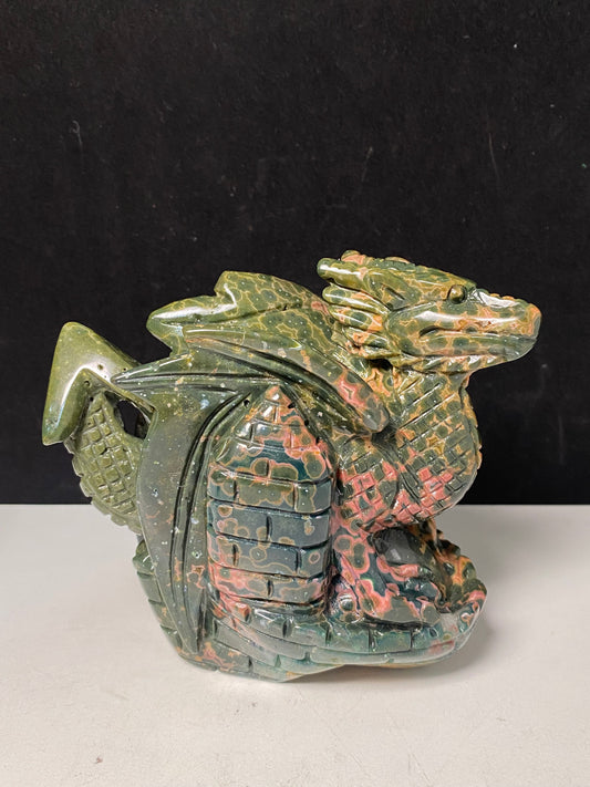 078-Ocean jasper flying dragon on castle carving #1074