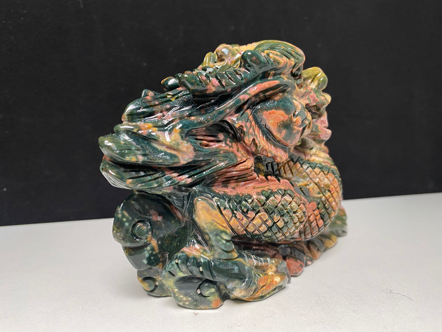 060-Colorful ocean jasper Chinese dragon carving #1627