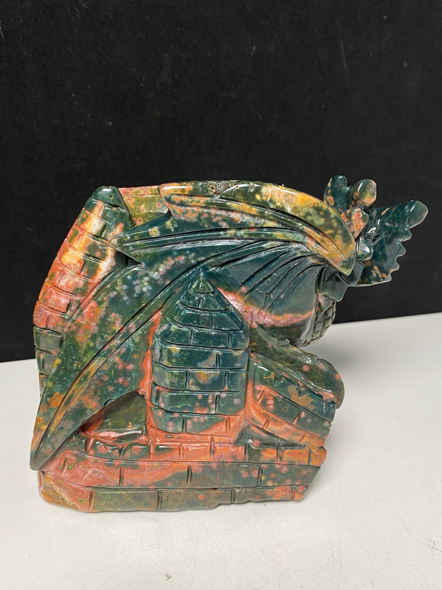 076-Ocean jasper flying dragon on castle carving #1230