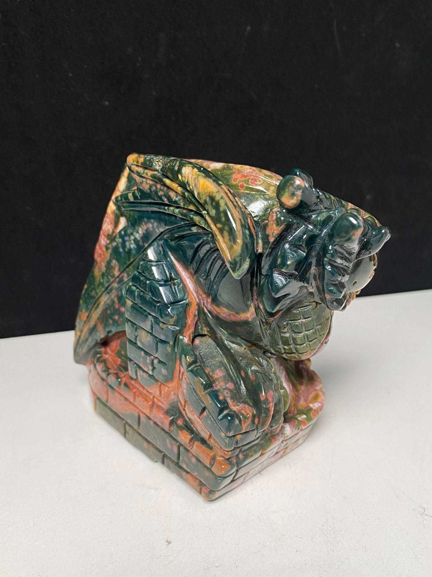 076-Ocean jasper flying dragon on castle carving #1230